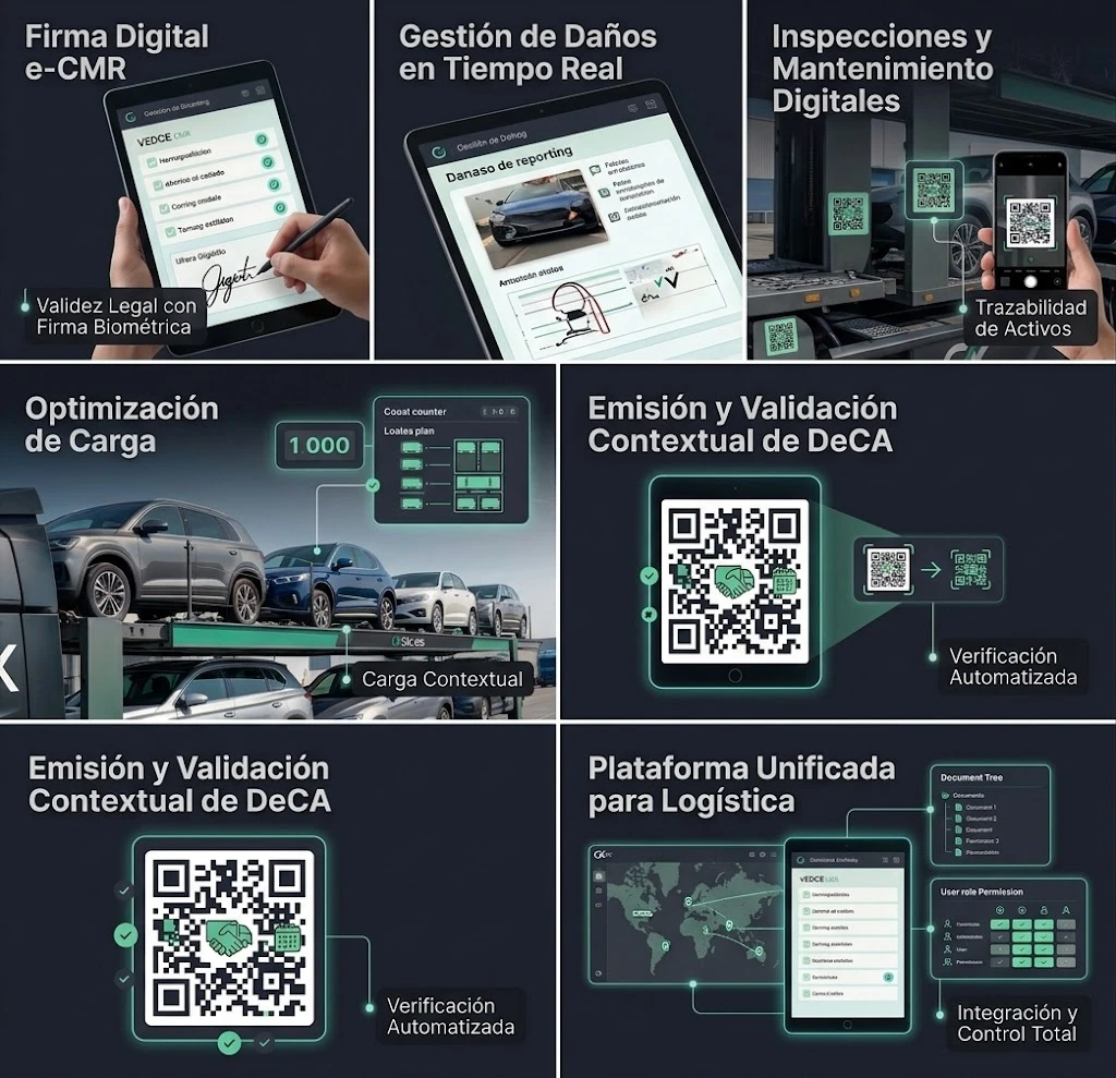 Firma digital, gestión de daños en tiempo real, inspecciones digitales, optimización de carga, emisión y validación contextual de DeCA y plataforma unificada para logística