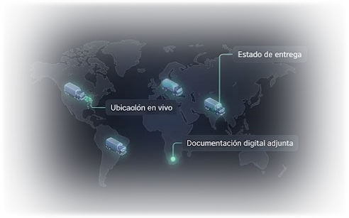 Ubicación en vivo, estado de entrega y documentación digital adjunta, sobre un mapa de la flota en ruta