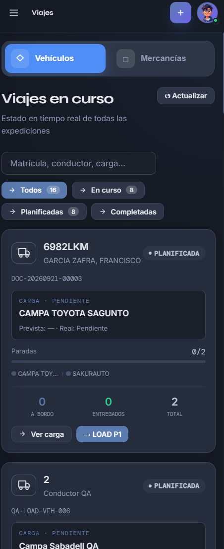 Vista móvil real de los viajes en curso, con paradas y vehículos a bordo