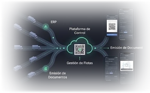 Esquema de la plataforma de control: el ERP y la gestión de flotas convergen en la emisión de documentos, disponibles también en el móvil