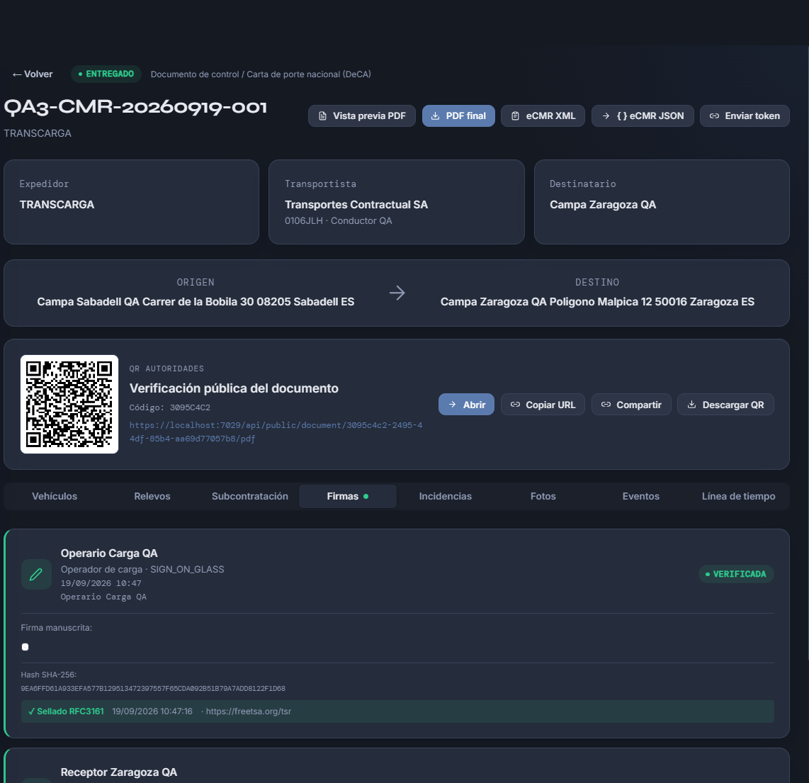 Documento real QA3-CMR-20260919-001 con QR de verificación pública y firma verificada con sello RFC3161