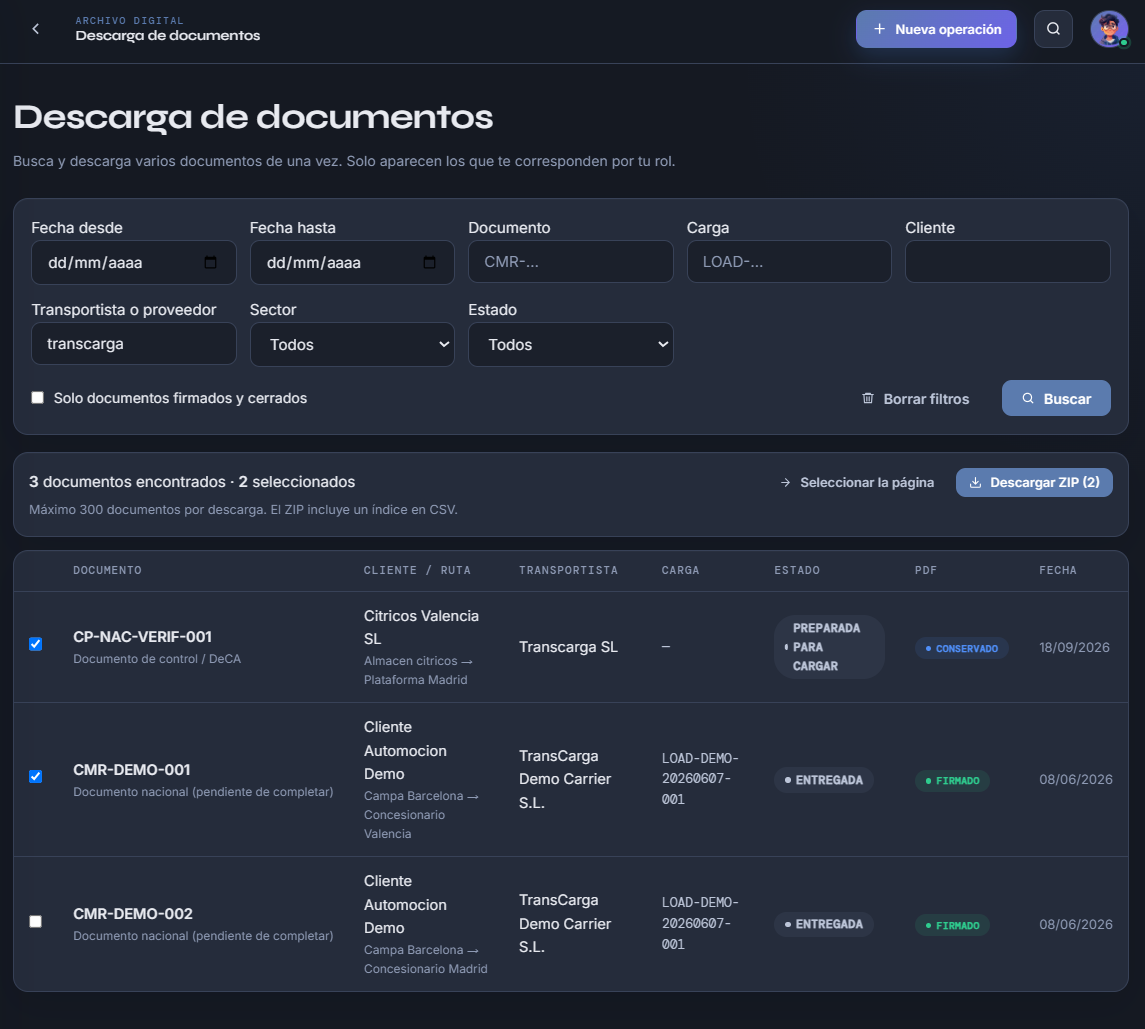 Pantalla real de descarga masiva de documentos, con filtros por fecha, transportista y sector